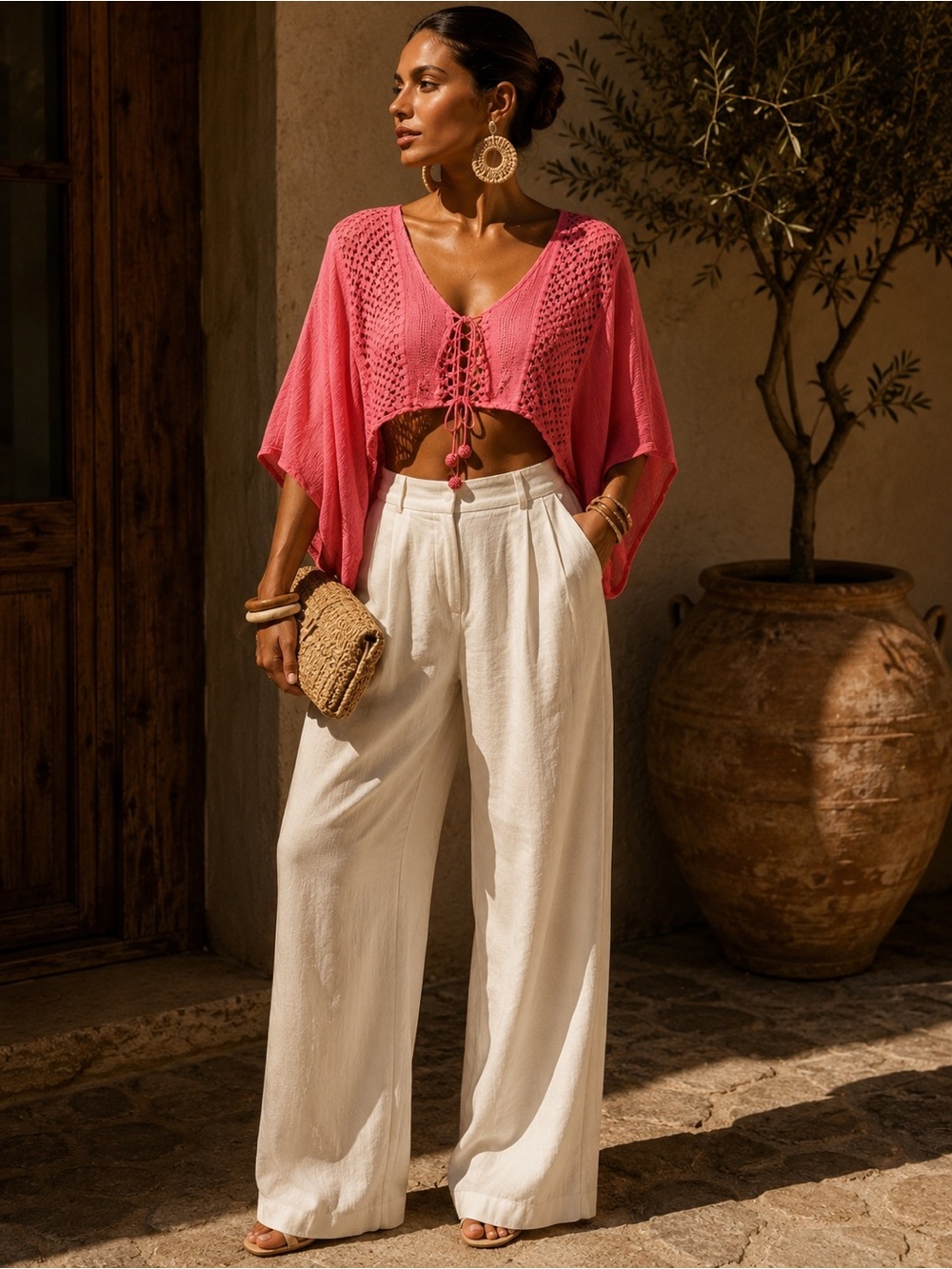 Coral Crochet Lace-Up Crop Top | Boho Resort Blouse | M